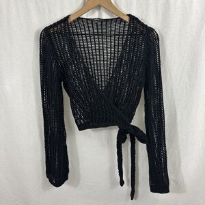 Lulus Codhi Sheer Crochet Black Flare Sleeve Tie Swim Cover Up Top Women Sz M